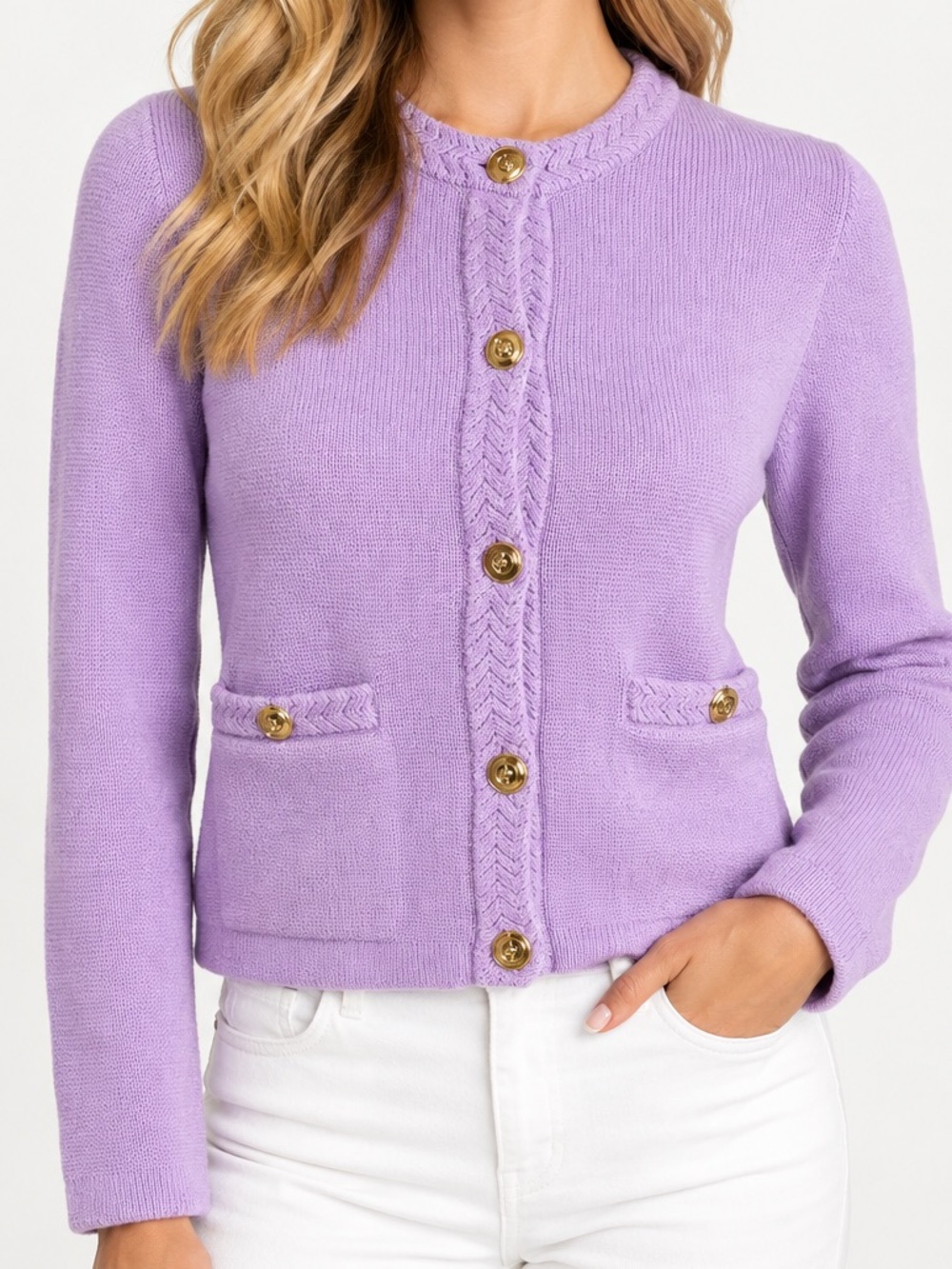 J.Crew Lavender Lilac 100% Cotton Cardigan Sweater Gold Buttons Lady Jacket XXS